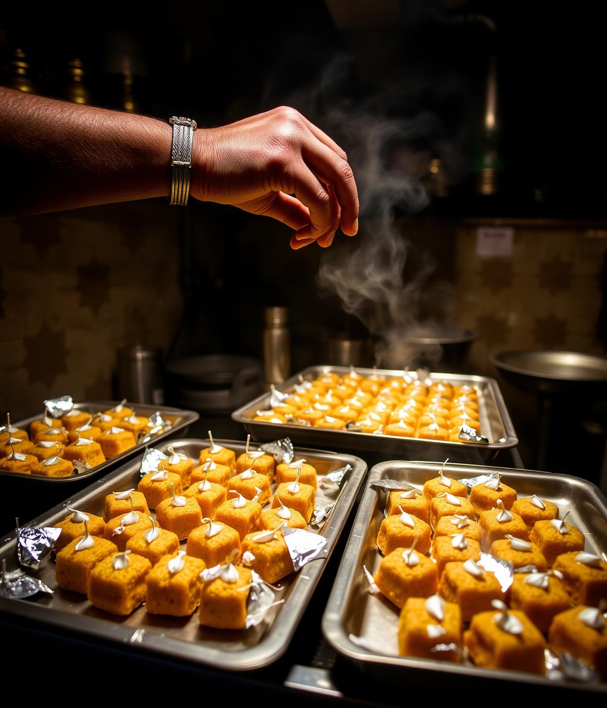 Halwai garnishing fresh trays of mithai with silver leaf in the Shree Sweet kitchen