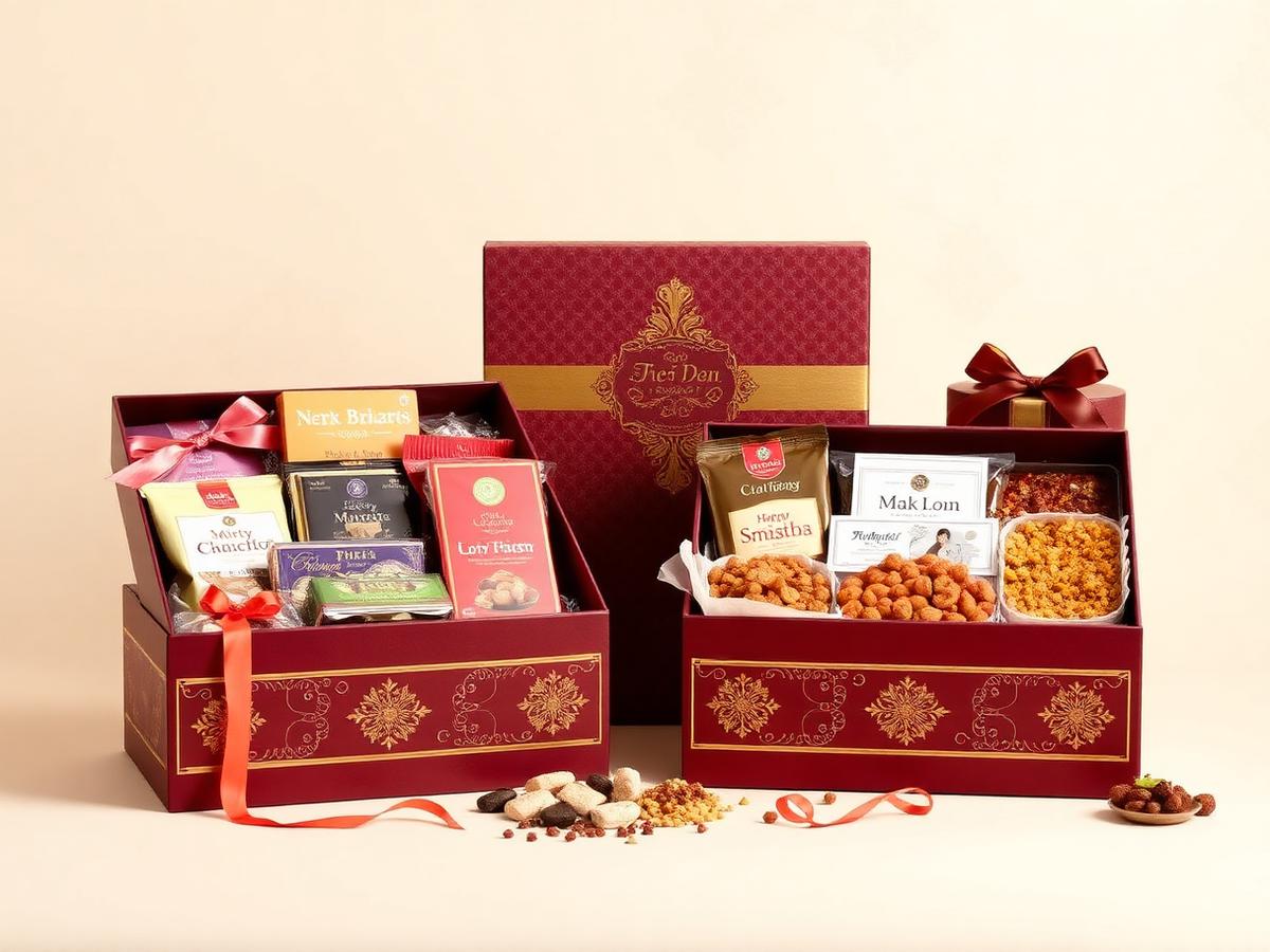 Maroon and gold festive gift hampers filled with sweets