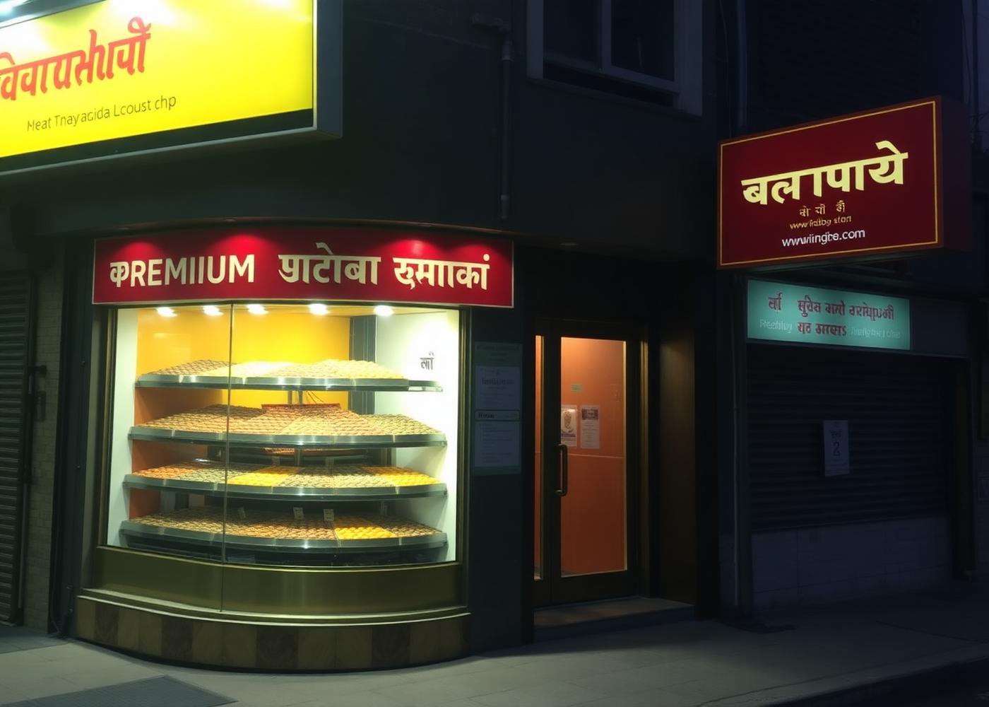 Shree Sweet shopfront in the evening with display counters full of sweets