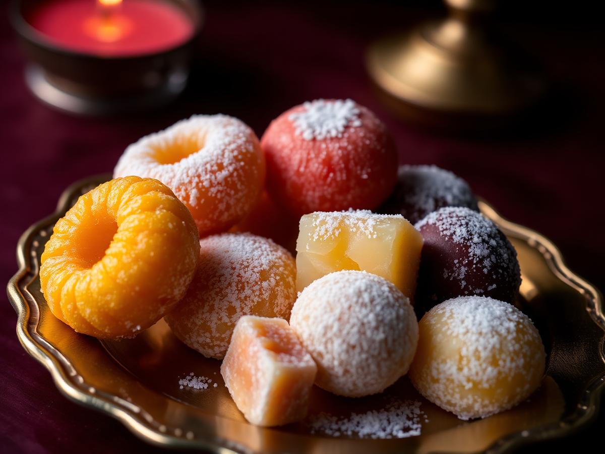 Close-up of fresh jalebi, rasgulla and barfi on a brass tray